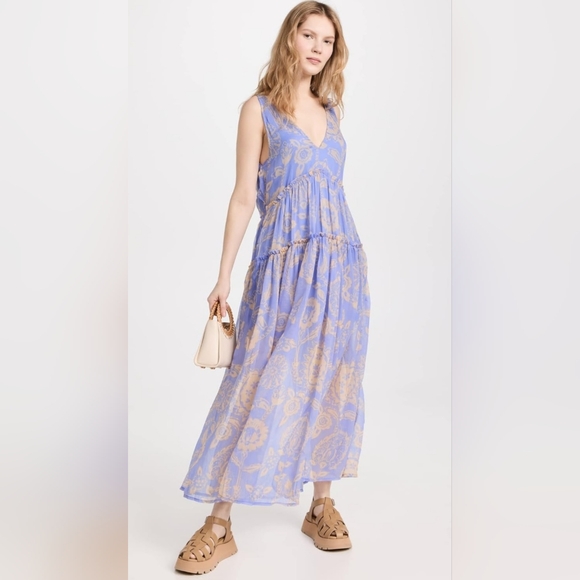 Free People Julianna Floral Sheer Maxi Dress NWT Sz L Blue Print Ruffle Dress - Picture 3 of 5